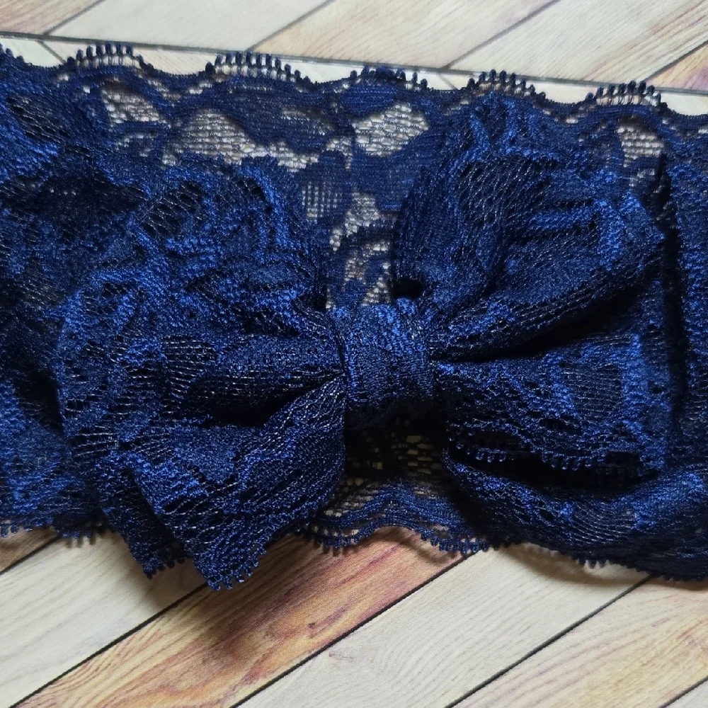 Lace Bowknot Navy Blue White Baby Girl Headbands Elastic Bow Headwrap Hairbands